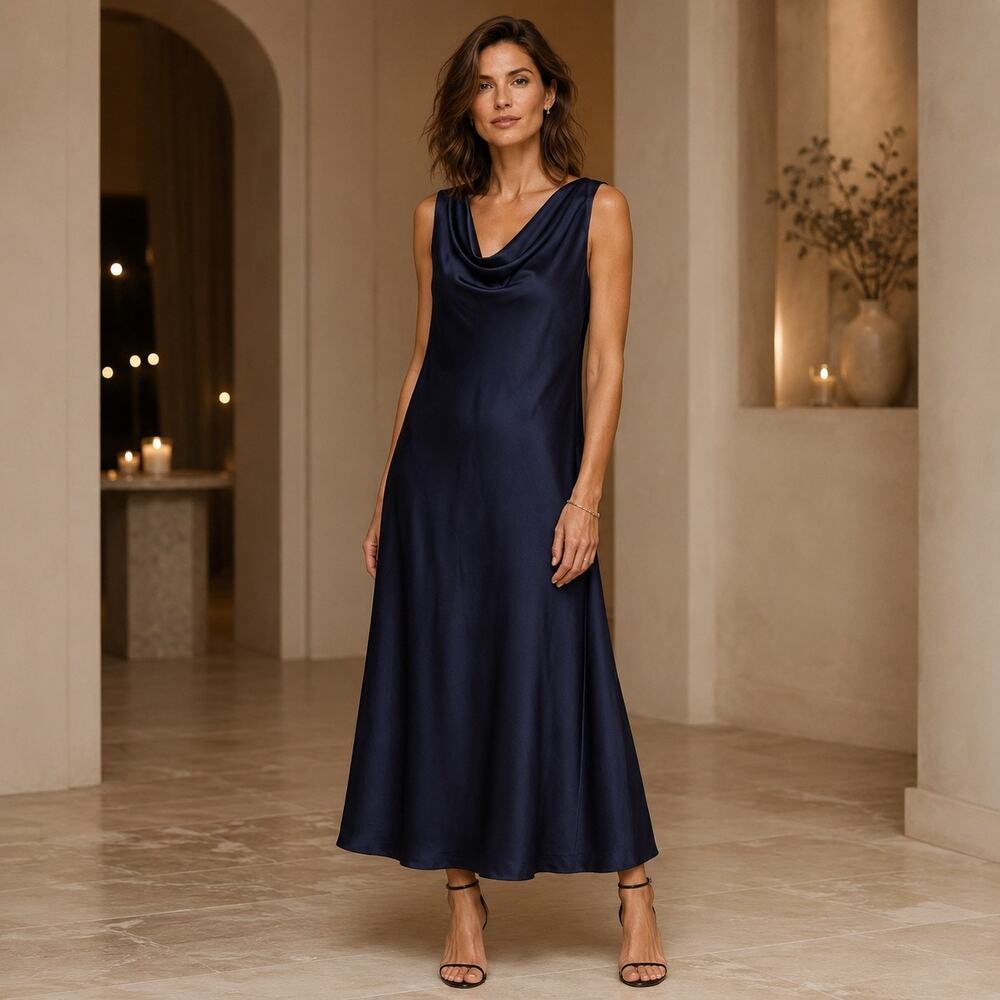 90s Minimalist Quiet Luxury HATCH Midnight Navy Satin Cowl Midi Dress Party S